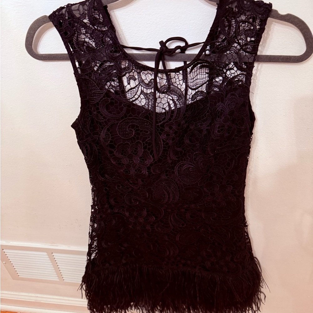Lipsy Black Fitted Mini Dress with Tie Back and Feather detail